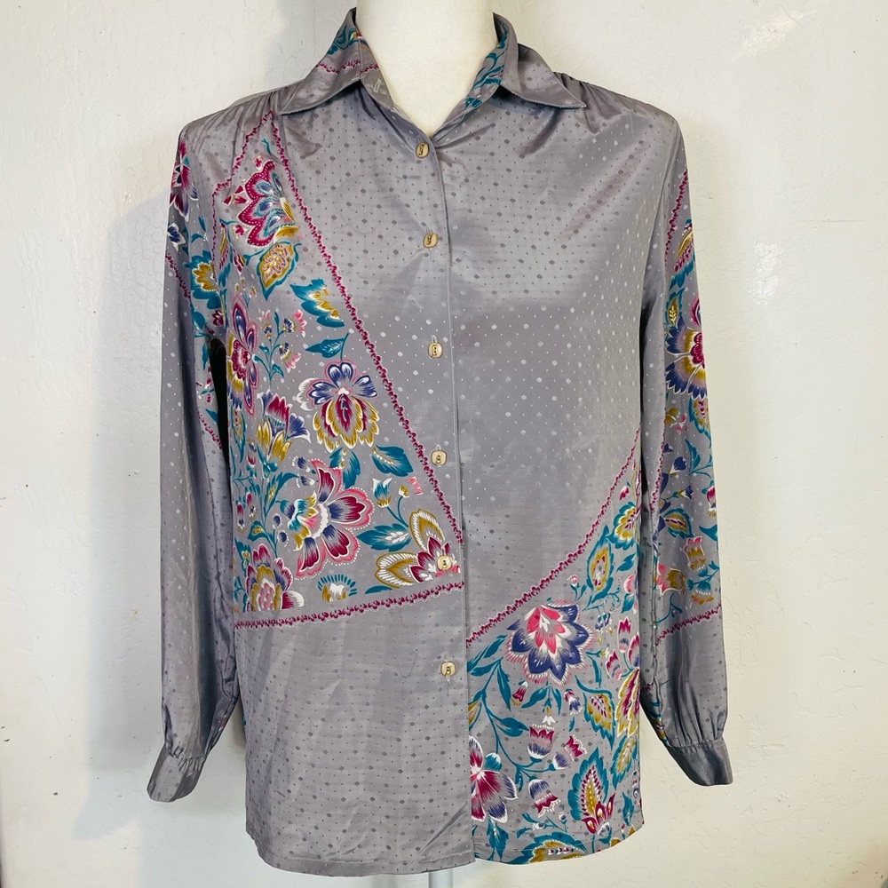 Vintage 70s 80s Minori Size 11 Button Down Blouse Top Gray Floral Design Long